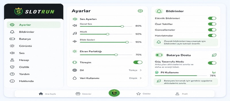Slotrun Mobil Ayarlar ve Optimizasyon Ekranı